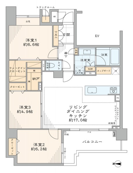 【間取り：3LDK】専有面積80.82㎡、バルコニー面積8.98㎡。床暖房付きの約17.0帖のリビングダイニングキッチンに、ウォークインクローゼット付きの約6.6帖、クローゼット付きの約6.2帖と約4.9帖の洋室があります。納戸や収納、トランクルームもあり、収納が充実しています。