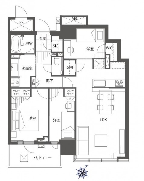 【間取り:3LDK】専有面積80.93㎡、バルコニー面積7.23㎡。南東向きのリビングダイニングキッチンに、ウォークインクローゼット付きの洋室、クローゼット付きの洋室が2部屋あります。キッチンや廊下に収納、玄関にはシューズインクローゼットも備えています。陽当たり・眺望良好な住戸です。