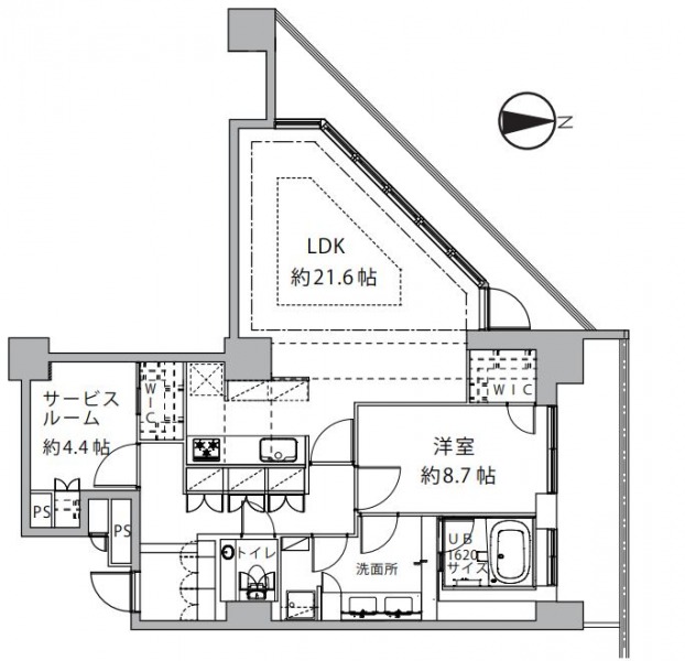 【間取り:1SLDK】専有面積90.54㎡、バルコニー面積20.40㎡。床暖房付きの約21.6帖のリビングダイニングキッチンに、ウォークインクローゼット付きの約8.7帖の洋室、ウォークインクローゼット付きの約4.4帖のサービスルームがあります。リビングはワイドビュー、ビューバスもあり、眺望良好な角住戸です。