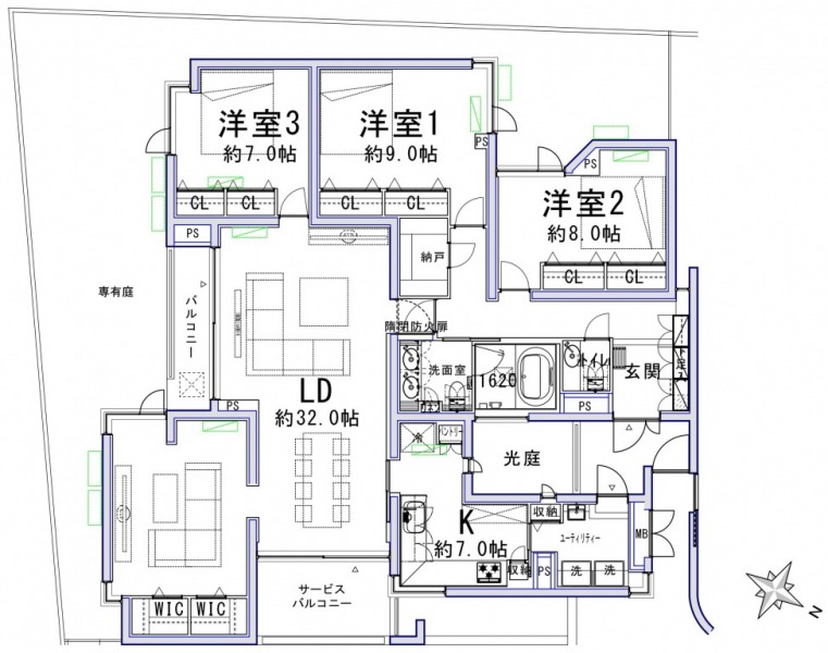 【間取り:3LDK】専有面積145.87㎡、バルコニー面積12.95㎡、専用庭約60㎡。約32帖のリビングダイニングに約7.0帖のキッチン。約9.0帖・約8.0帖・約7.0帖の洋室があり、それぞれに2つずつのクローゼットを備えています。1620サイズのゆったりとしたバスルーム、ツインボウルの洗面台、トイレが2か所、スロップシンク付きのユーティリティルームと水回りもゆとりある造りとなっています。住戸内に光庭があり、採光・通風に配慮されています。
