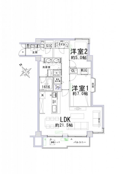 【間取り：2LDK】専有面積82.36㎡、バルコニー面積7.44㎡。約21.5帖のリビングダイニングキッチンに、ウォークインクローゼット付きの約7.0帖、クローゼット付きの約5.0帖の洋室があります。玄関にはシューズインクローゼットを備えており、収納も充実しています。1616サイズのゆったりとしたバスルーム、ツインボウルの洗面台と水回りもゆとりある造りとなっています。　
