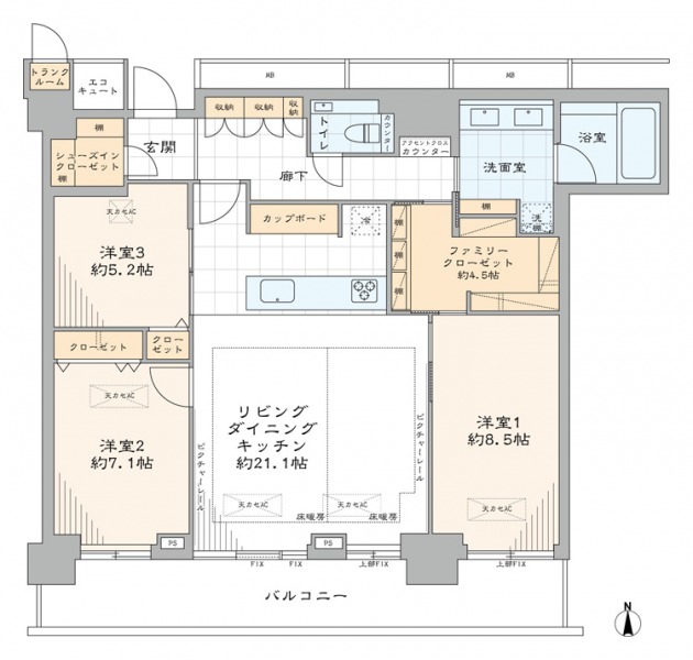 【間取り:3LDK】専有面積105.64㎡、バルコニー面積12.83㎡。ファミリークローゼット付の約8.5帖、クローゼット付きの約7.1帖と約5.2帖の洋室があります。高層階の南向きのワイドスパンで陽当たり・眺望良好な住戸です。