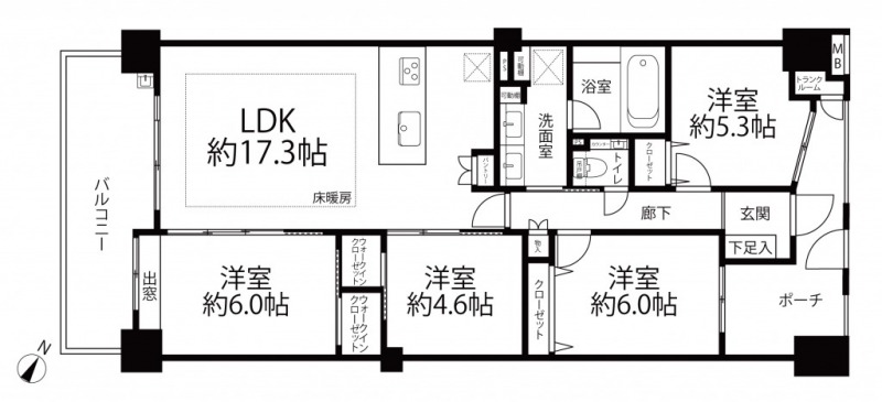【間取り：4LDK】専有面積90.88㎡（トランクルーム0.58㎡含む）、バルコニー面積14.96㎡、ポーチ面積9.69㎡。床暖房付きの約17.3帖のリビングダイニングキッチン。ウォークインクローゼット付き約6.0帖と約4.6帖、クローゼット付きの約6.0帖と約5.3帖の洋室があります。南西向きの陽当たり良好な住戸です。