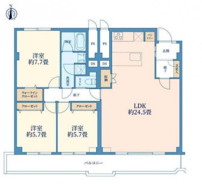 【間取り:3LDK】専有面積93.65㎡。約24.5帖のリビングダイニングキッチン。ウォークインクローゼット付きの約7.7帖、クローゼット付きの約5.7帖×2の洋室があります。南向きのワイドスパンで陽当たり良好な住戸です。