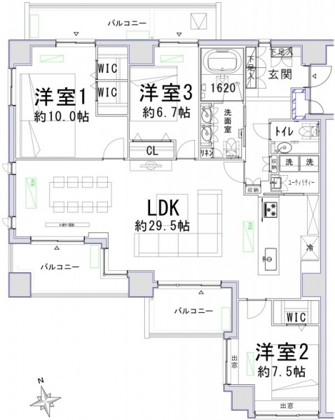 【間取り:3LDK】専有面積118.95㎡、バルコニー面積24.88㎡。約29.5帖のリビングダイニングキッチン。ウォークインクローゼット付きの約10.0帖と約7.5帖、クローゼット付きの約6.7帖の洋室があります。1620サイズのゆったりとしたバスルーム、ツインボウルの洗面台、トイレが2か所、スロップシンク付きのユーティリティルームと水回りもゆとりある造りとなっています。3面採光・2面バルコニーで陽当たり良好な角住戸です。
