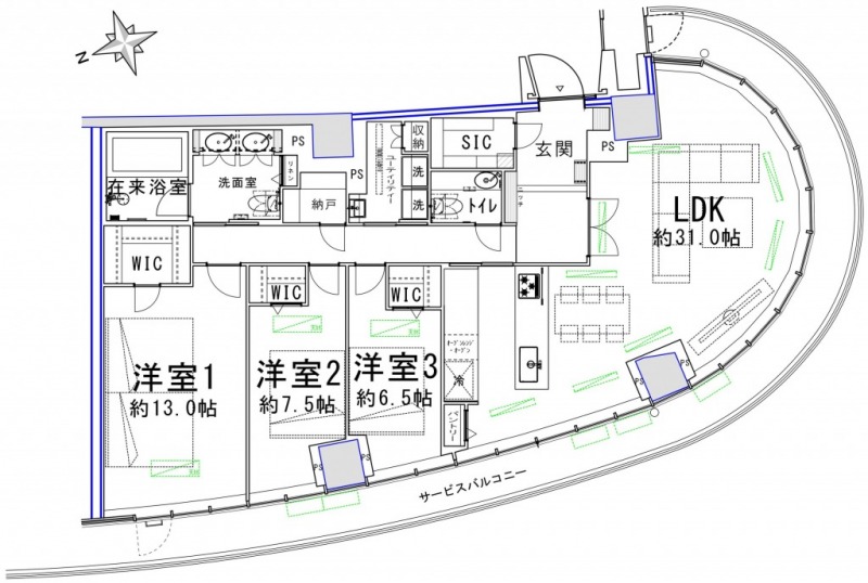 【間取り:3LDK】専有面積143.70㎡。約31.0帖のリビングダイニングキッチンに、約13.0帖・約7.5帖・約6.5帖の洋室があり、それぞれにウォークインクローゼット、廊下には納戸、玄関にはシューズインクローゼットを備えており、収納も充実しています。在来浴室のゆったりとしたバスルーム、ツインボウルの洗面台、トイレが2か所、スロップシンク付きのユーティリティルームと水回りもゆとりある造りとなっています。アールの効いたパノラマウインドウで、眺望・陽当たり良好な住戸です。