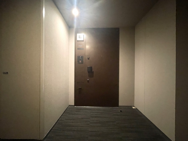 【共用部玄関】玄関前にはアルコーブがあり、玄関ドアまでのワンクッションを置くことで、外部からの視線を遮ることができ、防犯性を高めプライバシーを守ります。ホテルライクな絨毯が敷かれた内廊下設計となっていて高級感があり、外気の影響も受けにくく室温が保たれ快適です。