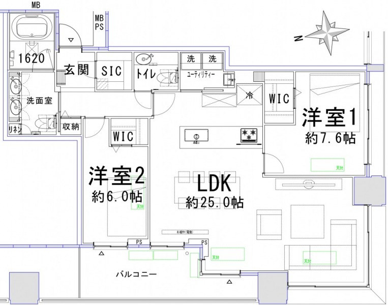 【間取り:2LDK】専有面積89.66㎡、バルコニー面積10.45㎡の2LDKの間取りです。約25.0帖の広々LDKに、約7.6帖と約6.0帖の洋室があり、それぞれにウォークインクローゼット、玄関にはシューズインクローゼットを備えており、収納も充実しています。1620サイズのゆったりとしたバスルーム、ツインボウルの洗面台、トイレが2か所、スロップシンク付きのユーティリティルームと水回りもゆとりある造りとなっています。南と西向きの陽当たり良好な角住戸です。