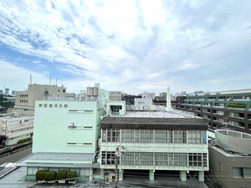 【住戸からの眺望】眼下は道路で、前面の建物まで距離が保たれ、周辺は低層の建物が多く、空も広く仰げる眺望です。