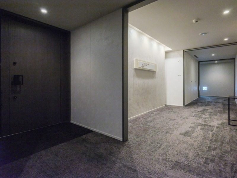 【共用部玄関】ホテルライクな絨毯が敷かれた内廊下設計となっていて高級感があり、外気の影響も受けにくく室温が保たれ快適で、プライバシーも確保されやすくなっています。