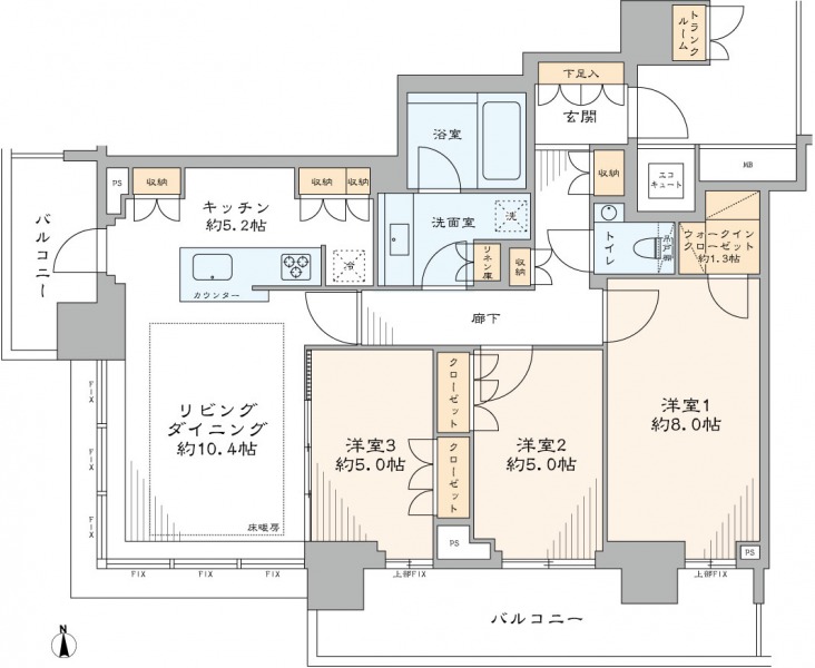 【間取り：3LDK】専有面積81.89㎡、バルコニー面積17.88㎡。床暖房付きの約10.4帖のリビングダイニングに、約5.2帖のキッチン。約1.3帖のウォークインクローゼット付きの約8.0帖、クローゼット付きの約5.0帖の洋室が2部屋あります。トランクルームが住戸に敷設しています。陽当たり・眺望良好な南と西向きの角住戸です。