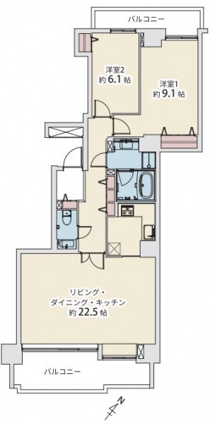 【間取り：2LDK】専有面積88.06㎡、バルコニー面積17.98㎡。約22.5帖のリビングダイニングキッチンに、約9.1帖と約6.1帖の洋室があり、それぞれにクローゼットを備えています。南東向きで陽当たり・眺望良好な住戸です。