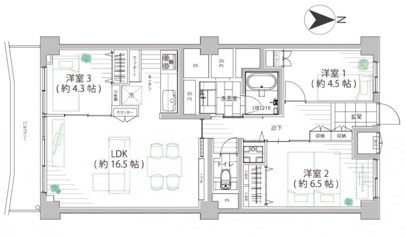 【間取り：3LDK】専有面積80.01㎡、バルコニー面積9.45㎡。床暖房付きの約16.5帖のリビングダイニングキッチンに、約6.5帖・約4.5帖・約4.3帖の洋室があり、それぞれにクローゼットを備えています。南向きで陽当たり良好な住戸です。