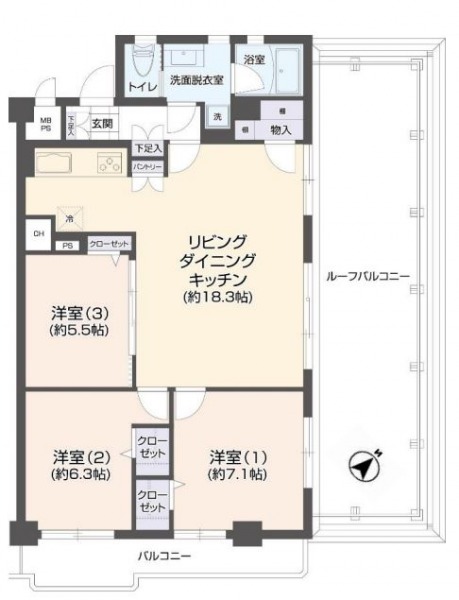 【間取り:3LDK】専有面積80.58㎡、バルコニー面積6.88㎡、ルーフバルコニー面積34.88㎡。約18.3帖のリビングダイニングキッチンに、約7.1帖・約6.3帖・約5.5帖の洋室があり、それぞれにクローゼットを備えています。2面バルコニーで陽当たり・眺望良好な住戸です。