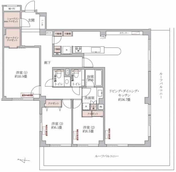 【間取り：3LDK】専有面積144.89㎡、バルコニー面積40.21㎡。約36.7帖のリビングダイニングキッチンに、ウォークインクローゼット付きの約10.9帖、クローゼット付きの約8.5帖・約6.1帖の洋室があり、玄関にはシューズインクローゼットを備えています。1616サイズのバスルーム、トイレが2か所あり、水回りにもゆとりがあります。