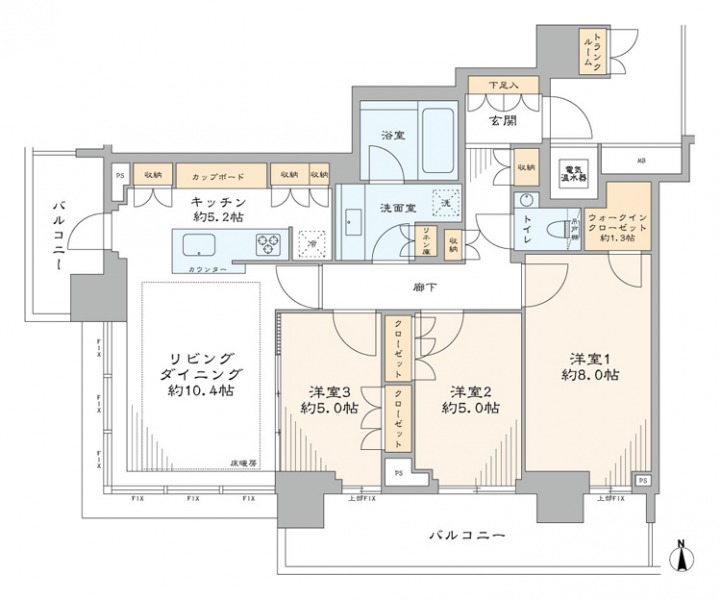 【間取り：3LDK】専有面積81.89㎡、バルコニー面積17.88㎡。床暖房付きの約10.4帖リビングダイニングに約5.2帖のキッチン。約1.3帖のウォークインクローゼット付きの約8.0帖、クローゼット付きの約5.0帖の洋室が2部屋あります。キッチンや廊下に収納、玄関にはシューズクローゼットの他にトランクルームも併設しています。