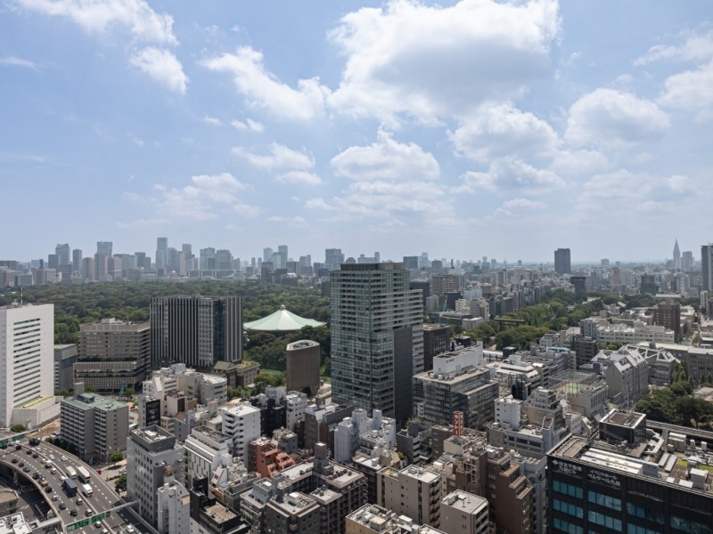 【住戸からの眺望】眼下には、「九段下」方面の街並みが一望でき、その奥には「日本武道館」や皇居の広大なグリーンが広がる開放感のある眺望です。空も広く仰げ、またその奥には、港区方面の高層ビル群が一望できる圧巻の眺望です。夜には一層美しく煌びやかな夜景も贅沢に自邸から堪能できます。
