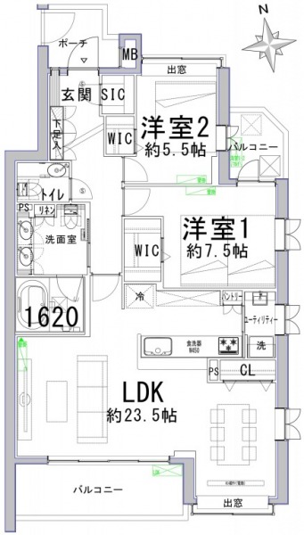 【間取り：2LDK】専有面積89.04㎡、バルコニー面積11.81㎡。約23.5帖のリビングダイニングキッチンに、約7.5帖と約5.5帖の洋室があり、それぞれの洋室にウォークインクローゼット、玄関にはシューズインクローゼットを備えており、収納も充実しています。1620サイズのゆったりとしたバスルーム、ツインボウルの洗面台、トイレが2か所、スロップシンク付きのユーティリティルームと水回りもゆとりある造りとなっています。2面バルコニー、玄関ポーチ付きで、南向きの陽当たり良好な角住戸です。