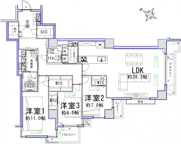 【間取り:3LDK】専有面積135.28㎡、バルコニー面積14.04㎡の3LDKの間取りです。約28.3帖の広々としたLDK、約11.0帖・約7.0帖・約6.5帖の洋室があり、それぞれにウォークインクローゼットを備えています。玄関には容量大のシューズインクローゼットを備えています。1620サイズのゆったりとしたバスルーム、ツインボウルの洗面台やトイレが2か所と水回りもゆとりがあります。2面採光で陽当たり良好な住戸です。