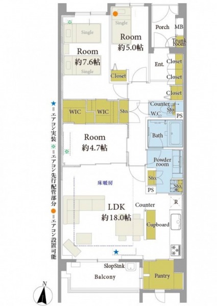 【間取り:3LDK】専有面積87.33㎡(トランクルーム0.28㎡含む)、バルコニー面積6.28㎡、ポーチ面積3.96㎡。床暖房付きの約18.0帖のリビングダイニングに、パントリー付きのキッチン。ウォークインクローゼット付きの約7.6帖と約4.7帖、クローゼット付きの約5.0帖の洋室があります。収納も豊富です。バルコニーには、スロップシンクも付いています。南向きで陽当たり良好な住戸です。