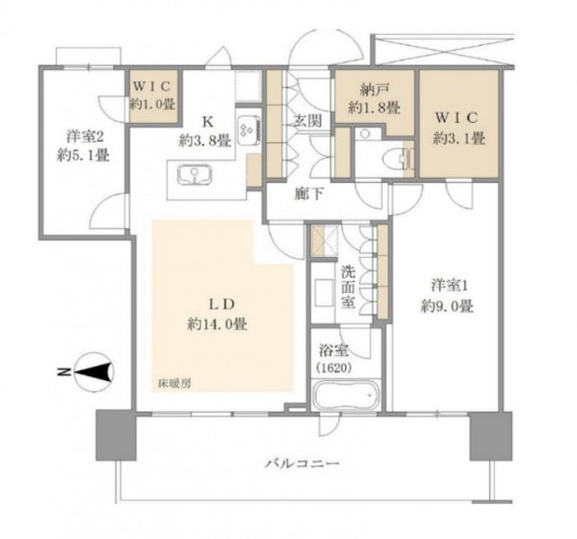 【間取り：2LDK】専有面積80.38㎡、バルコニー面積17.60㎡。床暖房付きの約14.0帖のリビングダイニングキッチンに、ウォークインクローゼット付きの約9.0帖と約5.1帖の洋室があります。1620サイズのビューバスがあり、収納たっぷりな洗面室・約1.8帖の納戸など収納も豊富で、ゆとりある間取りです。西向きのワイドスパンバルコニーのある住戸です。