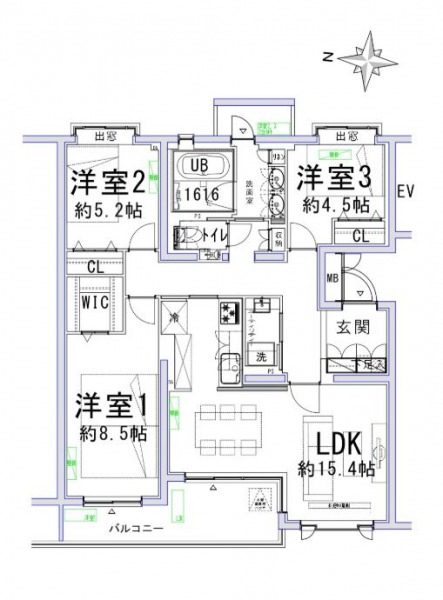 【間取り：3LDK】専有面積86.27㎡の3LDKの間取りです。約15.4帖のLDK、ウォークインクローゼット付きの約8.5帖、クローゼット付きの約5.2帖・約4.5帖の洋室があります。玄関にはシューズインクローゼットを備えています。1616サイズのゆったりとしたバスルーム、ツインボウルの洗面台と水回りもゆとりがあります。西と東向きの両面採光のある住戸です。