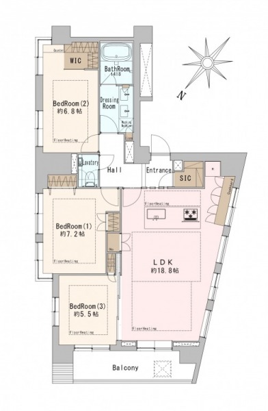 【間取り:3LDK】専有面積86.60㎡、バルコニー面積9.28㎡。リビング収納付きの約18.8帖のリビングダイニングキッチンに、ウォークインクローゼット付きの約6.8帖、クローゼット付きの約7.2帖と約5.5帖の洋室があり、全居室に床暖房敷設されています。玄関にはシューズインクローゼットを備えています。3面採光があり、開放感溢れる角住戸です。
