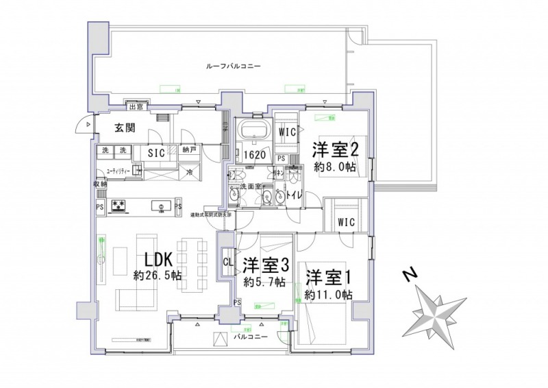 【間取り:3LDK】専有面積121.63㎡、バルコニー面積7.95㎡、ルーフバルコニー面積39.83㎡。約26.5帖のリビングダイニングキッチンに、約11.0帖・約8.0帖・約5.7帖の洋室があり、それぞれにウォークインクローゼットまたはクローゼットを、玄関にはシューズインクローゼットを備えており、収納も充実した3LDKです。1620サイズのゆったりとしたバスルーム、ツインボウルの洗面台、トイレが2か所、スロップシンク付きのユーティリティルームと水回りもゆとりある造りとなっています。3面採光のある陽当たり良好な角住戸です。