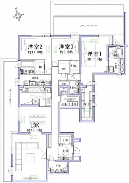 【間取り:3LDK】専有面積214.57㎡、ルーフバルコニー面積58.11㎡。約40.6帖の広々リビングダイニングキッチンに、約17.0帖・約11.0帖・約9.5帖の洋室があり、それぞれにウォークインクローゼット、玄関にはシューズインクローゼットを備えており、収納も充実した3LDKです。バスルーム×2、ツインボウルの洗面台×2、トイレが3か所、スロップシンク付きのユーティリティルームと水回りもゆとりある造りとなっています。西と北向きの2面採光があり、開放感のある最上階角住戸です。