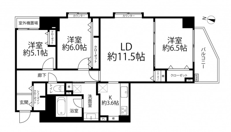 【間取り：3LDK】専有面積80.70㎡、バルコニー面積5.59㎡。約11.5帖のリビングダイニングに約3.6帖のキッチン。約6.5帖・約6.0帖・約5.1帖の洋室があり、それぞれにクローゼットを、玄関にはシューズインクローゼットを備えています。南と東向きの2面採光で陽当たり良好な住戸です。