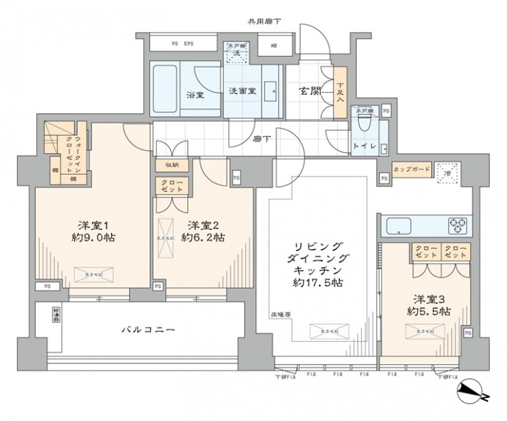 【間取り:3LDK】専有面積89.24㎡、バルコニー面積12.68㎡。床暖房付きの約17.5帖のリビングダイニングキッチンに、ウォークインクローゼット付きの約9.0帖、クローゼット付きの約6.2帖と約5.5帖の洋室があります。約13mのワイドスパンで、開放感のある住戸です。