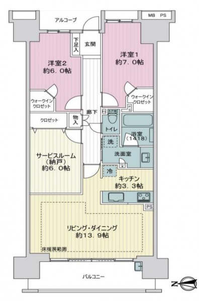 【間取り：2SLDK】専有面積81.06㎡、バルコニー面積11.16㎡。床暖房付きの約13.9帖のリビングダイニングに約3.3帖のキッチン。ウォークインクローゼット付きの約7.0帖と約6.0帖の洋室、約6.0帖のサービスルームがあります。両面採光があり、陽当たり良好な住戸です。
