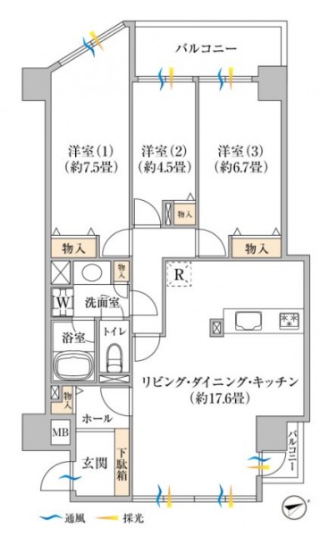 【間取り：3LDK】専有面積87.97㎡、バルコニー面積西側6.3㎡、北側0.9㎡。約17.6帖のリビングダイニングキッチンに、約7.5帖・約4.5帖・約6.7帖の洋室があり、それぞれにクローゼットを備えています。2面採光の陽当たり良好な住戸です。