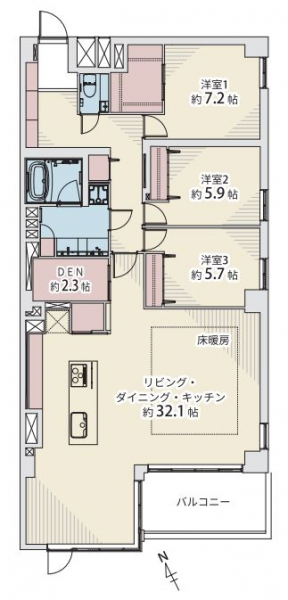【間取り：3LDK】専有面積124.63㎡、バルコニー面積8.73㎡。床暖房付きの約32.1帖のリビングダイニングキッチンに、ウォークインクローゼット付きの約7.2帖、クローゼット付きの約5.9帖と約5.7帖の洋室、約2.3帖のDEＮがあります。南西と南東向きの2面採光の陽当たり良好な住戸です。

