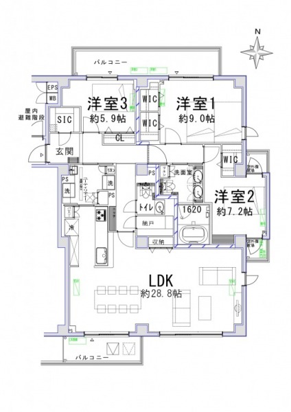【間取り：3LDK】専有面積127.75㎡、バルコニー面積28.5㎡。約28.8帖のリビングダイニングキッチンに、ウォークインクローゼット付きの約9.0帖と約7.2帖、クローゼット付きの約5.9帖の洋室があります。玄関にはシューズインクローゼットを備えており、収納も充実した3LDKです。1620サイズのゆったりとしたバスルーム、ツインボウルの洗面台、トイレが2か所、スロップシンク付きのユーティリティルームと水回りもゆとりある造りとなっています。両面バルコニーが付いた南向きの陽当たり良好な3方角住戸です。