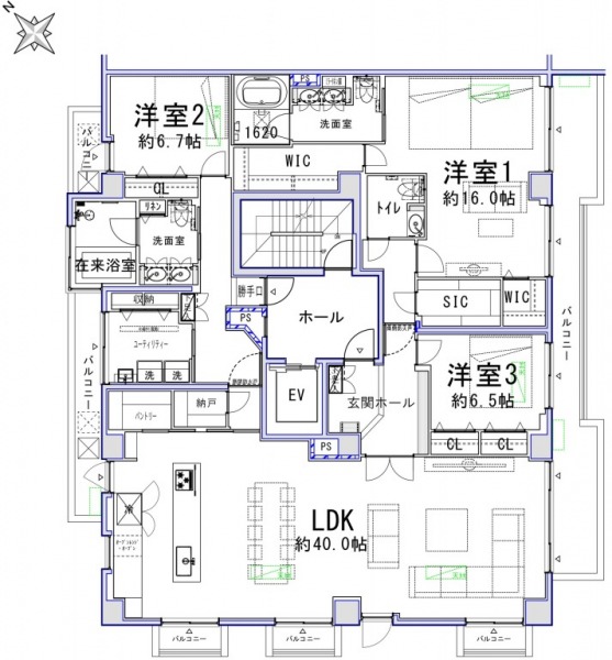 【間取り:3LDK】専有面積189.51㎡。約40.0帖のリビングダイニングキッチンに、約16.0帖・約6.7帖・約6.5帖の洋室があり、それぞれにウォークインクローゼットまたはクローゼット、廊下に納戸、玄関にはシューズインクローゼットを備えており、収納も充実した3LDKです。在来浴室と1620サイズのバスルーム、ツインボウルの洗面台×2か所、トイレ×3か所、スロップシンク付きのユーティリティルームと水回りもゆとりある造りとなっています。3面採光の陽当たり良好な大型角住戸です。