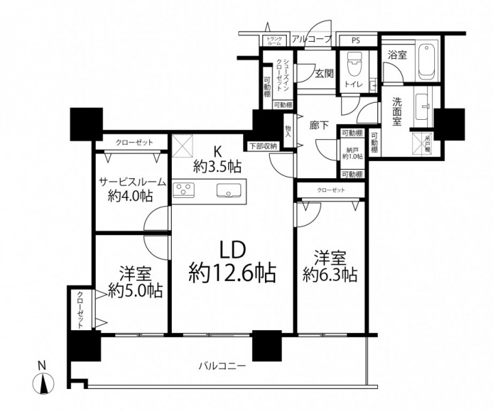 【間取り:2SLDK】専有面積80.08㎡、バルコニー面積15.91㎡。約12.6帖のリビングダイニングに約3.5帖のキッチン。約6.3帖・約5.0帖の洋室、約4.0帖のサービスルームがあり、それぞれにクローゼット、廊下には納戸、玄関にはシューズインクローゼットを備え、収納が充実しています。