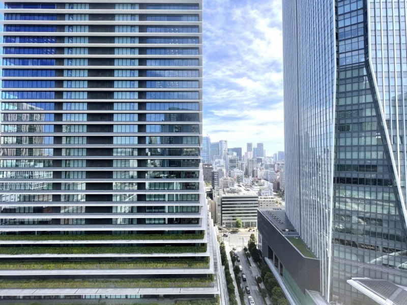 【住戸からの眺望】周囲の高層ビルは光を反射し、ミラー効果があり広く感じさせ圧迫感もなく、緑も覗く眺望です。