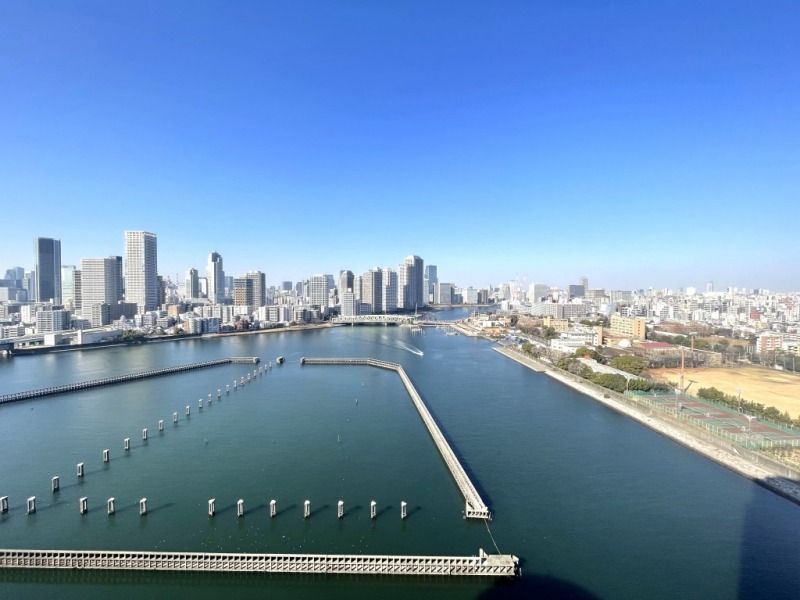 【住戸からの眺望】進化し続ける街並みに、水辺の潤いを感じながら広い空を仰げる、都心のベイエリア＆タワーマンション高層階ならではの爽快感のあるパノラマビューです。豊洲貯木場跡とその奥の月島の街並みや都心部が一望できます。