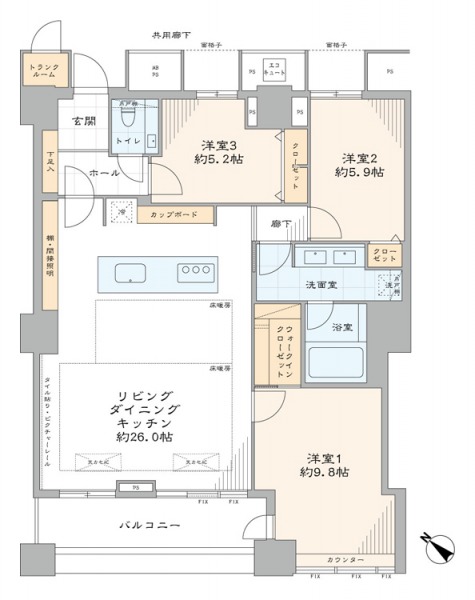 【間取り:3LDK】専有面積102.66㎡、バルコニー面積8.66㎡。床暖房付きの約26.0帖のリビングダイニングキッチンに、ウォークインクローゼット付きの約9.8帖、クローゼット付きの約5.9帖・約5.2帖の洋室があります。1620サイズのバスルーム、ツインボウル洗面台など水回りにもゆとりがあります。南西向きの陽当たり・眺望良好な住戸です。