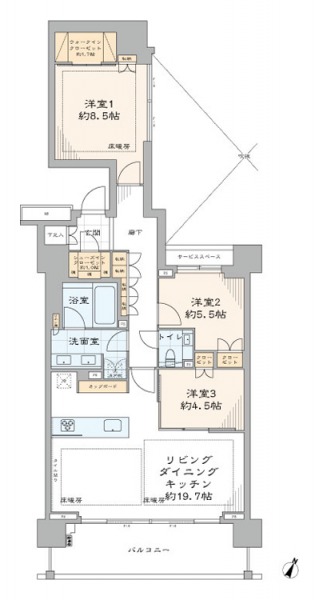 【間取り:3LDK】専有面積95.34㎡、バルコニー面積14.04㎡。床暖房付きの約19.7帖のリビングダイニングキッチンに、床暖房とウォークインクローゼット付きの約8.5帖、クローゼット付きの約5.5帖と約4.5帖の洋室があります。廊下に収納、玄関にシューズクローゼットを備えています。南東向きの陽当たり良好な住戸です。