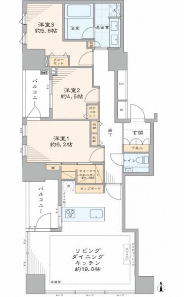 【間取り：3LDK】専有面積90.53㎡、バルコニー面積9.35㎡。床暖房付きの約19.0帖のリビングダイニングキッチンに、ウォークインクローゼット付きの約6.2帖、クローゼット付きの約5.6帖の洋室があります。2面バルコニー、陽当たり良好な南西角住戸です。