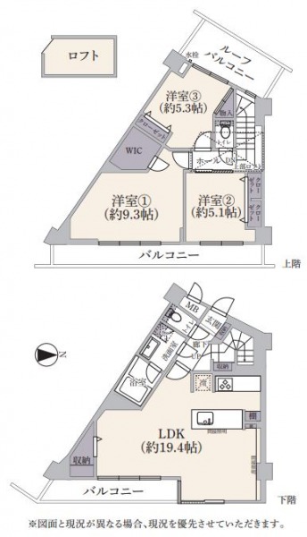 【間取り:3LDK】専有面積89.34㎡。約19.4帖のリビングダイニングキッチンに、ウォークインクローゼット付きの約9.3帖の洋室、クローゼット付きの約5.1帖と約5.3帖の洋室、ロフトもあります。バルコニーが2か所+ルーフバルコニーがある陽当たり良好なメゾネット最上階住戸です。
