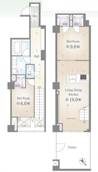 【間取り：2LDK】専有面積88.86㎡、テラス面積7.48㎡。約19.0帖のリビングダイニングキッチンに、約9.0帖と約6.0帖の洋室があり、それぞれにウォークインクローゼットを備えています。戸建て感覚で住めるメゾネットタイプです。