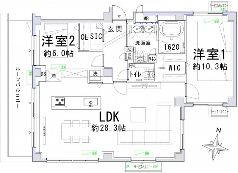 【間取り：2LDK】専有面積97.77㎡、バルコニー面積10.40㎡。約28.3帖の広々LDKに、約10.3帖と約6.0帖の洋室があり、それぞれにウォークインクローゼットまたはクローゼットを備え、玄関にはシューズインクローゼットを備えており、収納も充実した2LDKです。1620サイズのゆったりとしたバスルーム、ツインボウルの洗面台、トイレが2か所あり水回りもゆとりある造りとなっています。南と西向きの陽当たり良好な角住戸です。