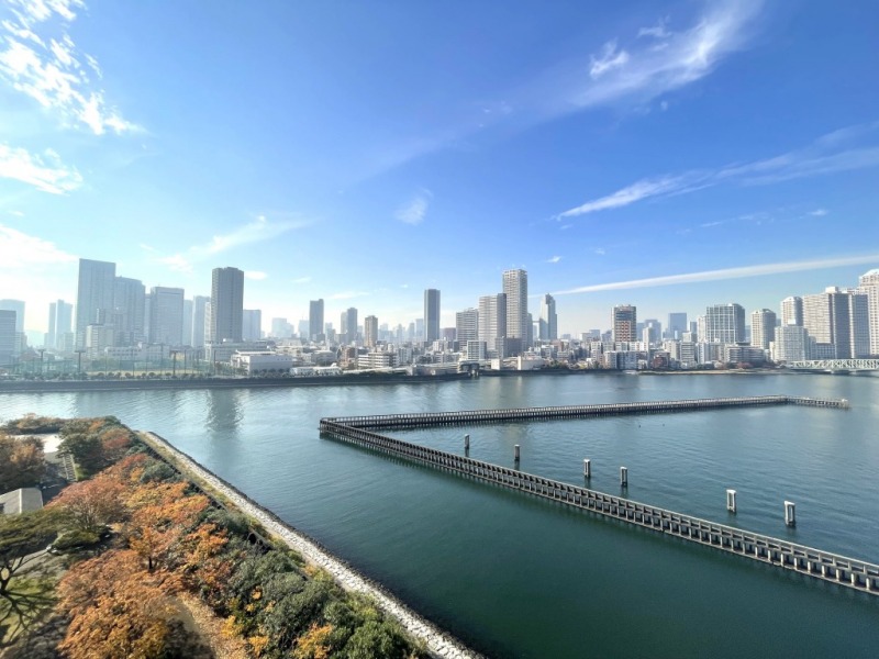 【住戸からの眺望】奥には月島が一望でき、その奥には都心部の高層ビル群が建ち並ぶ、運河ビューの水辺と広い空が共存する、ベイエリアならではの爽快な眺望です。