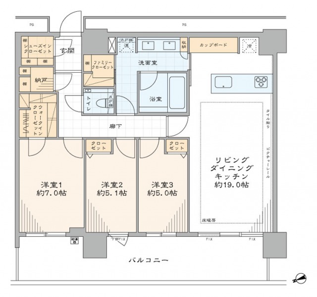 【間取り：3LDK】専有面積91.26㎡、バルコニー面積21.10㎡。床暖房付きの約19.0帖のリビングダイニングキッチンに、ウォークインクローゼット付きの約7.0帖、クローゼット付きの約5.1帖と約5.0帖の洋室があり、廊下に納戸、玄関にシューズクローゼットとファミリークローゼットを備え、収納が充実しています。陽当たり良好なワイドスパンバルコニー住戸です。