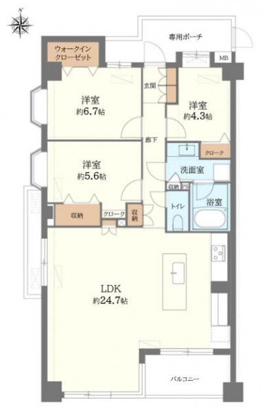 【間取り:3LDK】専有面積89㎡、約24.7帖のリビングダイニングキッチンに、ウォークインクローゼット付きの約6.7帖、収納とクローク付きの約5.6帖、クローク付きの約4.3帖の洋室があります。陽当たり良好な南西角住戸です。