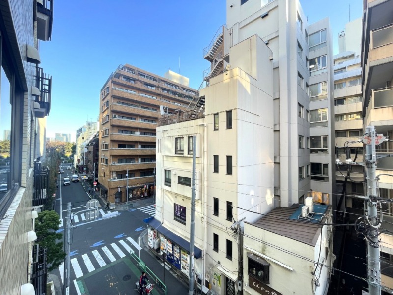 【住戸からの眺望】眼下は道路で、前面の建物まで距離が保たれているので陽光も注ぎ、都会的な風景ですが、緑もあり広い空も仰げる眺望です。