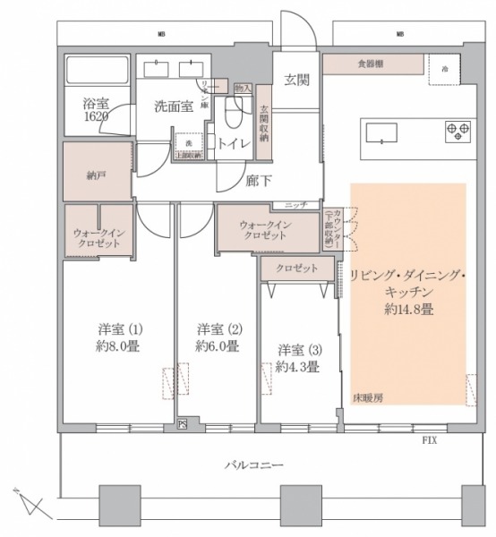【間取り:3LDK】専有面積94.18㎡、バルコニー面積17.1㎡。床暖房付きの約14.8帖のリビングダイニングキッチンに、ウォークインクローゼット付きの約8.0帖と約6.0帖、クローゼット付きの約4.3帖の洋室、廊下に納戸もあり、収納も充実しています。陽当たり・眺望良好な南西向きのワイドスパン住戸です。